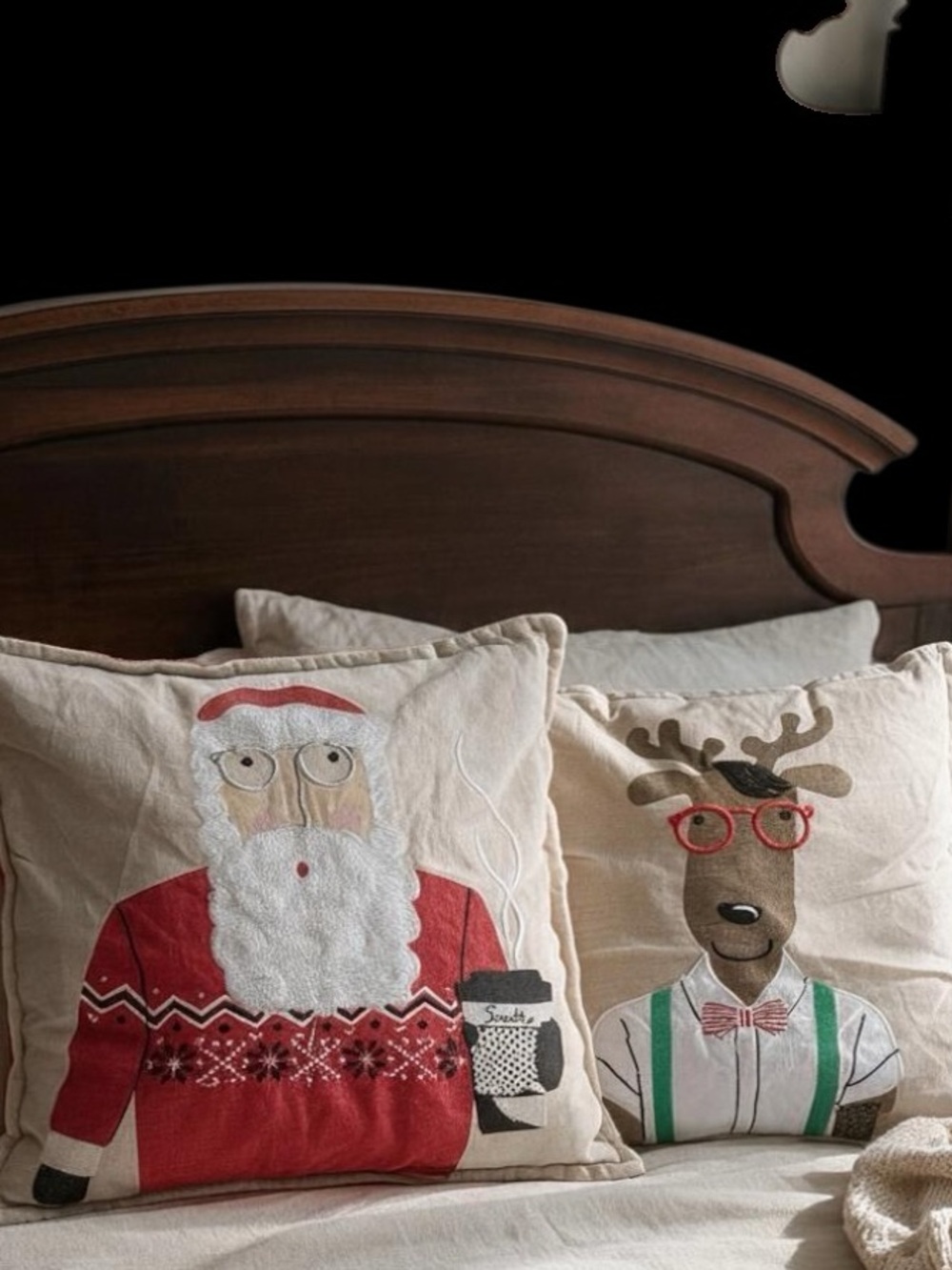 Fun!  Santa and Reindeer Decorative Throw Pillow Covers - Beige and Red 18”x18”